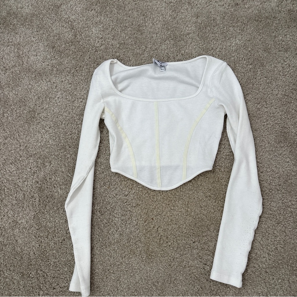 Princess Polly Cream Long-Sleeve Scoop Neck Cropped Top
